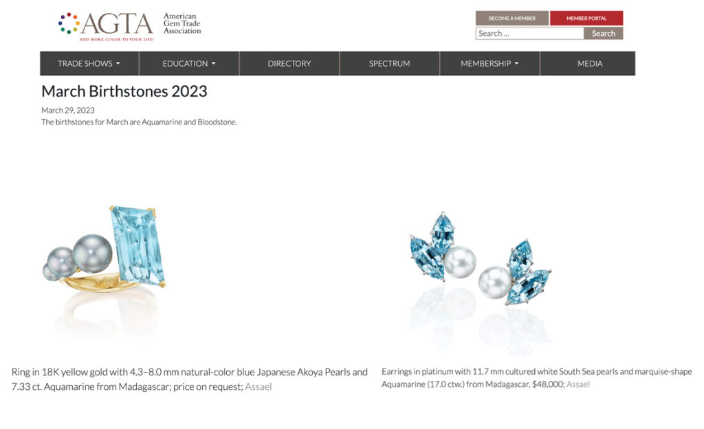 Assael Aquamarine from Madagascar ring and earrings featured in the online article of American Gem Trade Association.