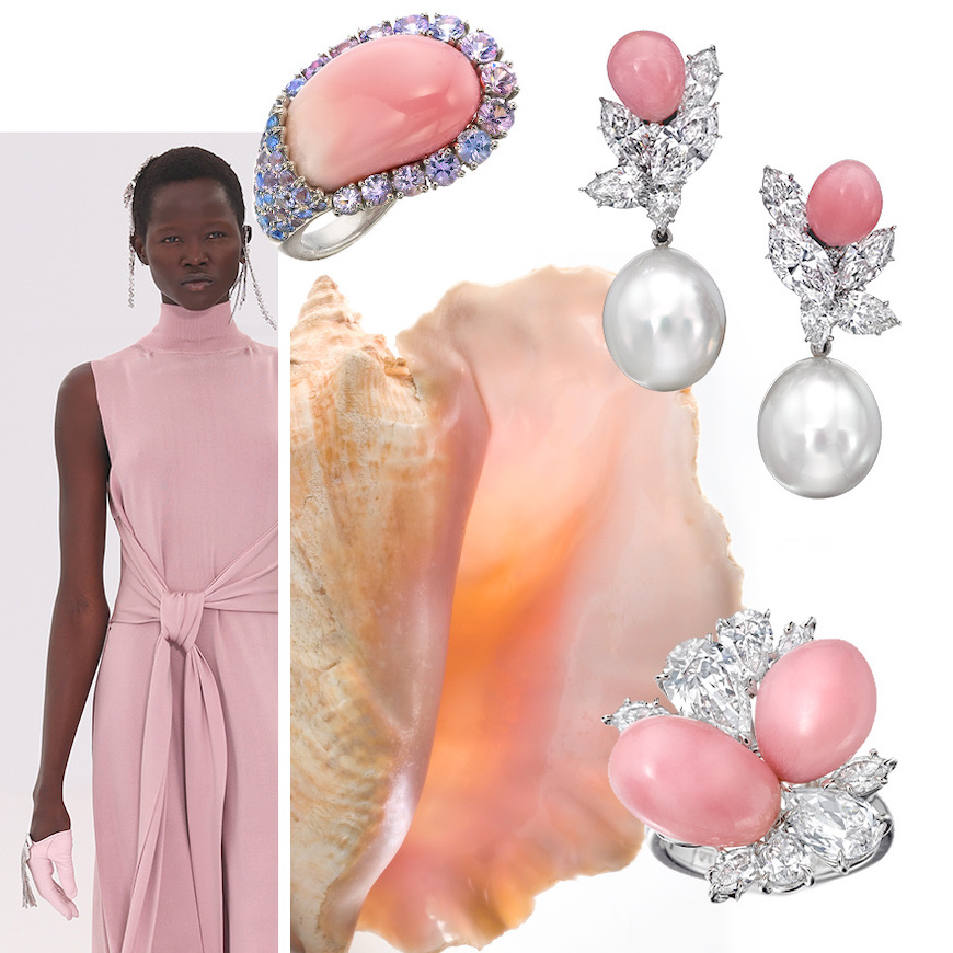 Assael South Sea Pearl, Diamond and Natural Conch Pearl earrings, Assael Natural Conch Pearl and Diamond Ring, Queen Conch Shell, Fendi F/W 22-23 (Launchmetrics Spotlight), Assael Natural Conch Pearl and Lavender Spinel ring