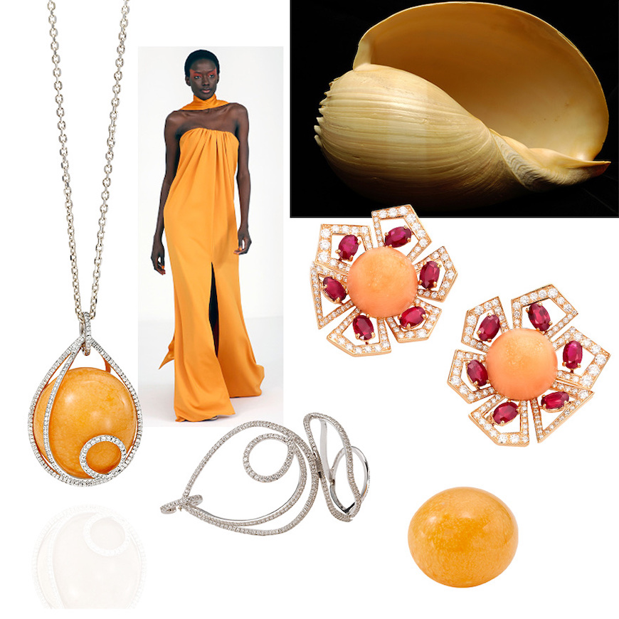 Melo Melo Gastropod Sea Snail, Assael earrings with Melo Melo Pearls, Rubies, and Diamonds, Assael Melo Melo pearl cage pendant with cage open and loose Melo Melo pearl, Assael Melo Melo pearl pendant necklace, Alexis Mabille S/S ’23 (Launchmetrics Spotlight)