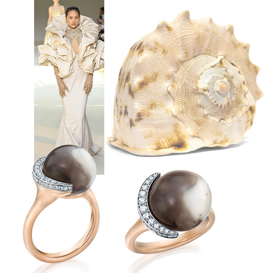 Cassis Cornuta Gastropod shell,two views of  Assael Natural Cassis Pearl and Diamond rose gold ring, Elie Saab Haute Couture (Launchmetrics Spotlight)