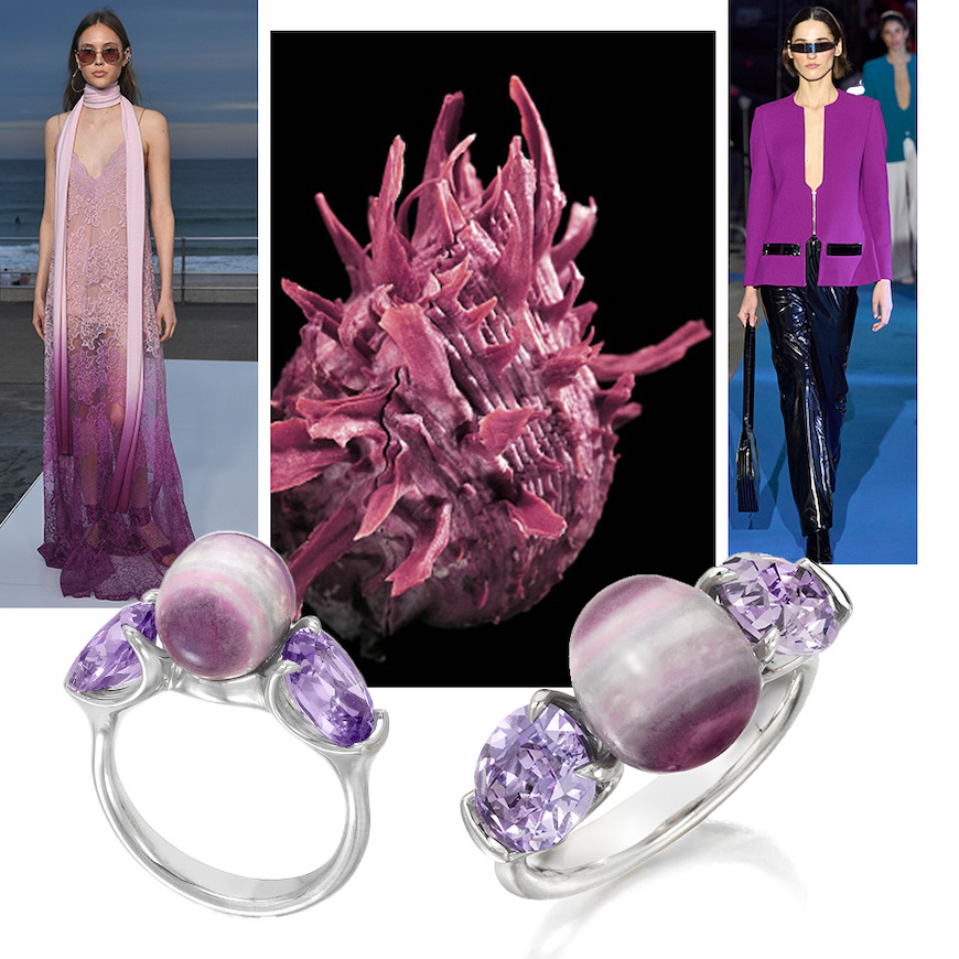 Pierre Cardin F/W 23 (Launchmetrics Spotlight), two views of Assael Natural Striped Spiny Oyster and Lavender Spinel ring, Jonathan Simkhai (Launchmetrics Spotlight), Spondylus “Spiny” Oyster Shell