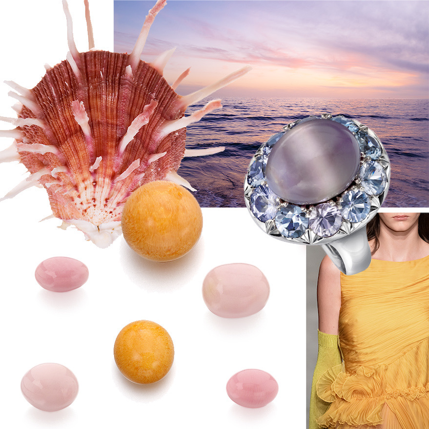 Clockwise from upper left – Assael Natural Purple Clam Pearl and Lavender Spinel ring, Rochas Women’s RTW (Launchmetrics Spotlight),  loose pink natural conch pearls, loose orange natural Melo Melo pearls, more loose pink natural conch pearls, Spondylus “spiny” oyster shell