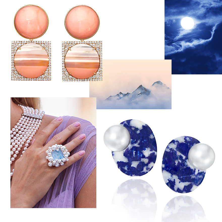 Assael Lapis and South Sea Pearl earrings, Assael "Sky & Clouds" ring featuring South Sea and Akoya pearls surrounding a sizable cut of Violane, Assael Angel Skin Coral and Detachable “Sunset” Carnelian earrings