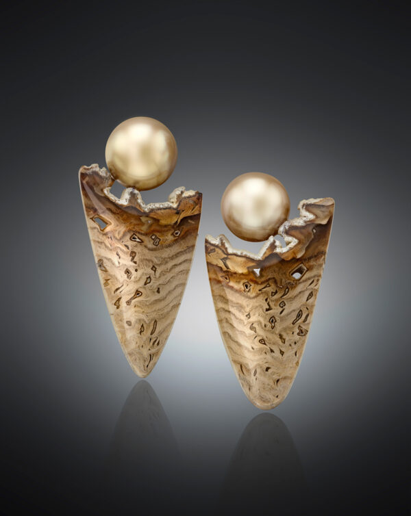 Responsibly sourced Fijan pearl and golden oak petrified wood earrings