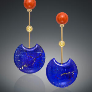 Sardinian coral, lapis, and yellow sapphire “modernist” pendant earrings