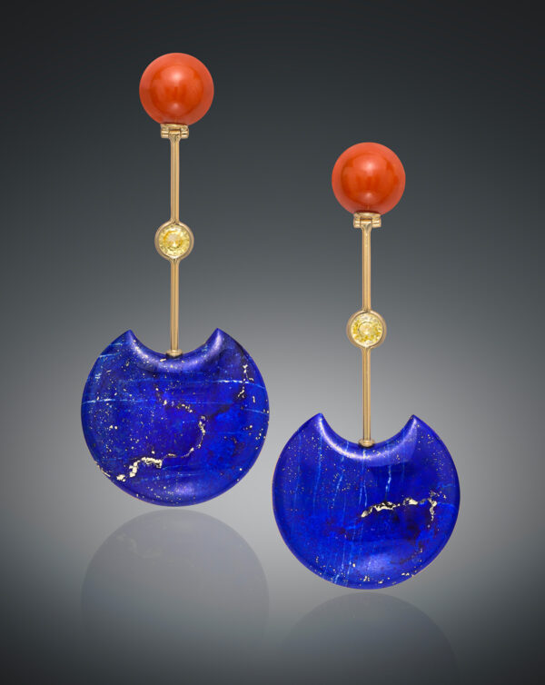 Sardinian coral, lapis, and yellow sapphire “modernist” pendant earrings