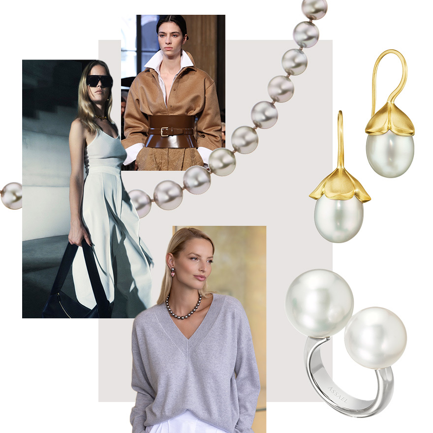 Assael Blossom earrings in South Sea pearl and 18K gold, Extra Large 2 Bubble Ring by Sean Gilson for Assael, Elegance with Attitude campaign image by David Benoliel - model wears Assael Tahitian Pearls and Assael In Reverse earrings from The Colors collection, Khaite Resort 2024 (Spotlight Launchmetrics), MaxMara F/W 2023-23 (Getty), Assael Light Silver Tahitian Pearl strand