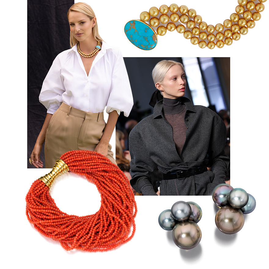 Assael South Sea Golden Pearl and Turquoise bracelet, MaxMara F/W 2023-24 (Getty), Tahitian Pearl Small Bubble earrings by Sean Gilson for Assael, Assael Corallia responsibly sourced multi-strand Sciacca Coral bracelet, Elegance with Attitude campaign image shot by David Benoliel – model wears Assael South Sea Golden Pearl and Turquoise necklace and ring