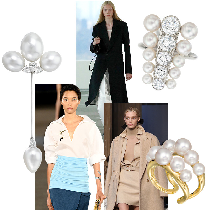 Assael New Deco ring in Akoya Pearls and Diamonds, MaxMara F/W2023-24 (Getty), Akoya 10-Pearl double band ring by Sean Gilson for Assael, Tory Burch S/S 2023 (Getty), Assael Jabot brooch featuring South Sea Pearls and Diamonds, Peter Do S/S 2023 (Getty)