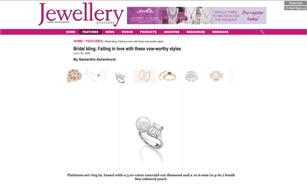 Assael's Platinum-set ring emerald-cut diamond and South Sea cultured pearl is featured in Jewellery Business' online article, Bridal bling: Falling in love with these vow-worthy styles.