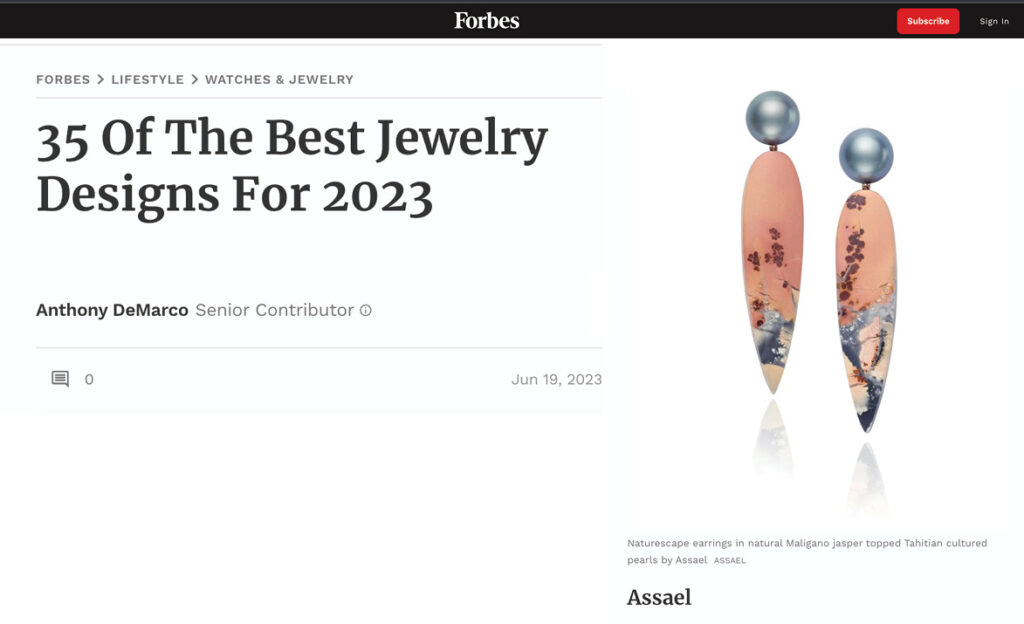 Assael's Naturescape earrings in natural Maligano jasper topped Tahitian cultured pearls are featured in Forbes