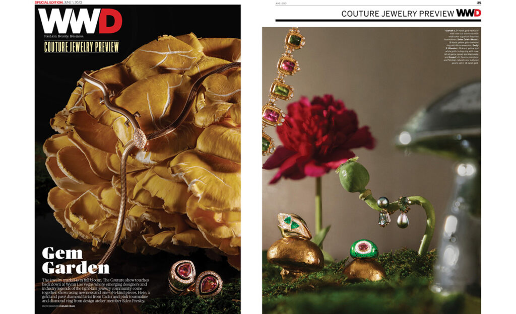 WWD Magazine featuring Assael’s In Reverse sunstone and Tahitian natural color cultured pearls set in 18-karat gold.