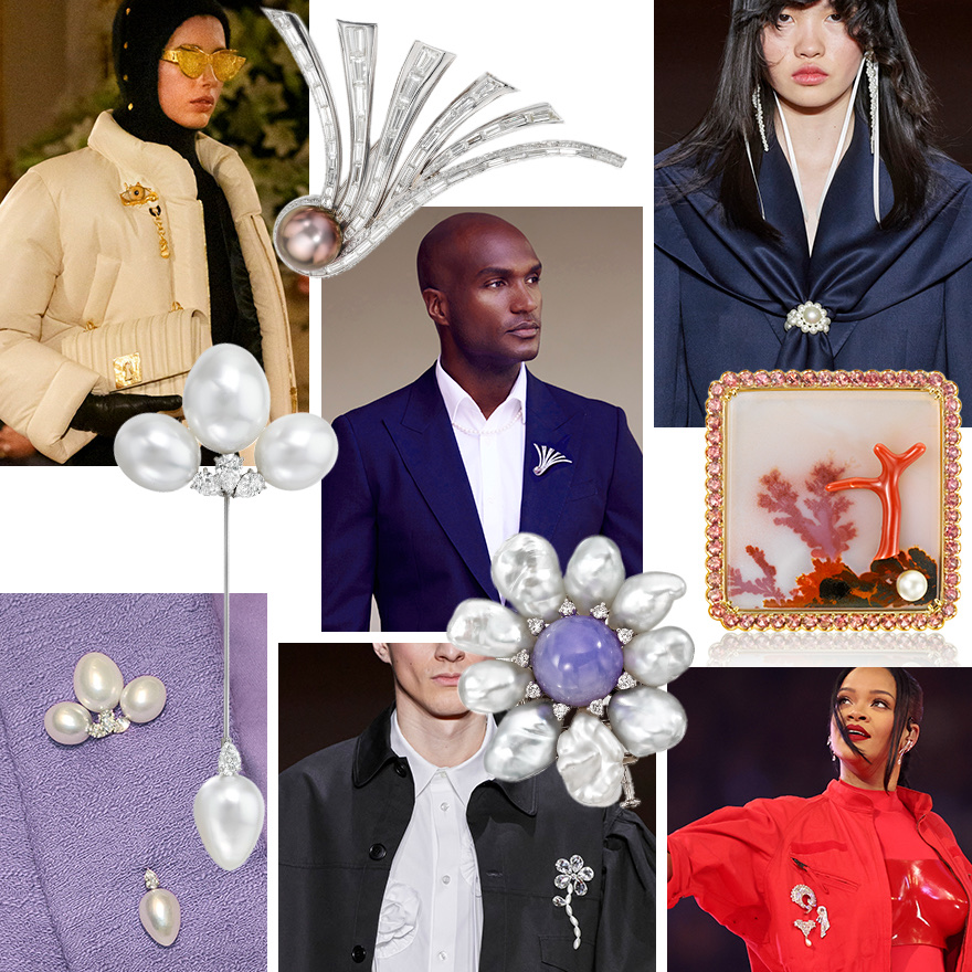 Simone Rocha F/W 2023-24 (Launchmetrics Spotlight), Assael NatureScapes brooch featuring Agate, Coral, Natural Pearl and Garnets (hyperlink), Rihanna wearing 3 diamond brooches at the SuperBowl Halftime Show (Getty), Assael Baroque South Sea Pearl and Lavender Jade brooch, Simone Rocha F/W 2023-23 (Launchmetrics Spotlight), Assael South Sea Pearl and Diamond Jabot pin, Schiaparelli F/W 2023-24 (Launchmetrics Spotlight), Assael Fanfare Tahitian Pearl and Diamond brooch, Assael Elegance with Attitude campaign image shot by David Benoliel featuring the Assael Fanfare Tahitian Pearl and Diamond brooch