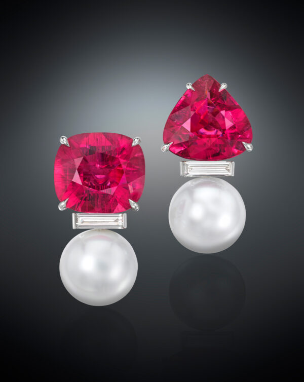 South sea pearl, rubellite and diamond earrings