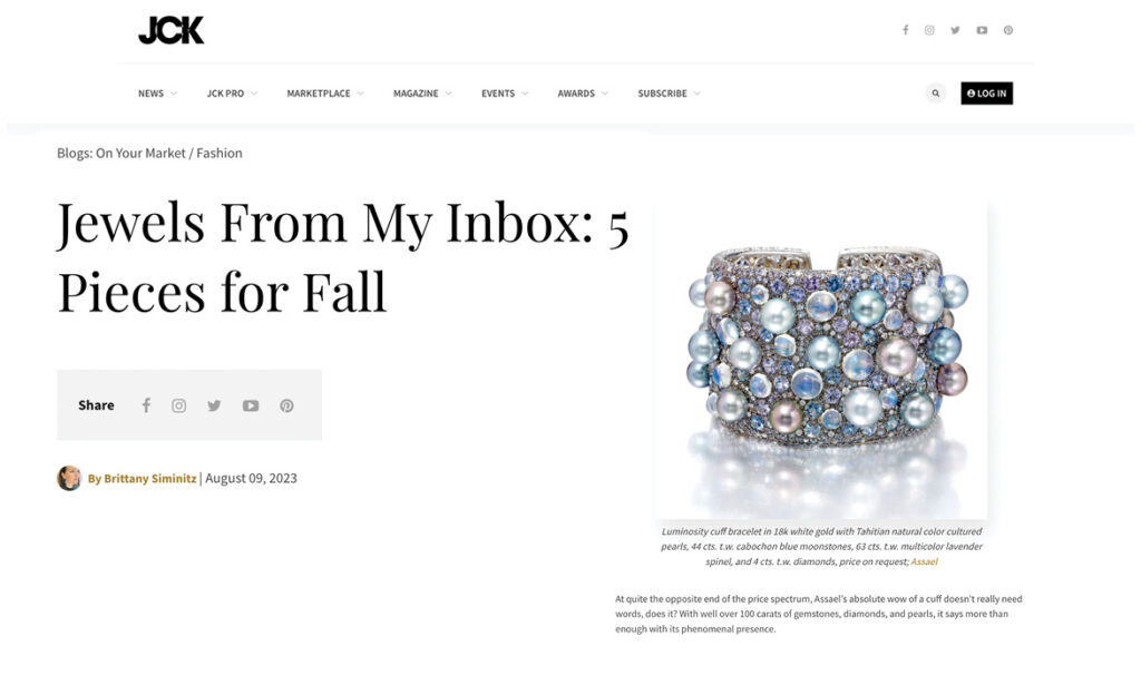 Assael's Luminosity cuff bracelet is featured in an online article by JCK Magazine. Jewels From My Inbox: 5 Pieces for Fall.