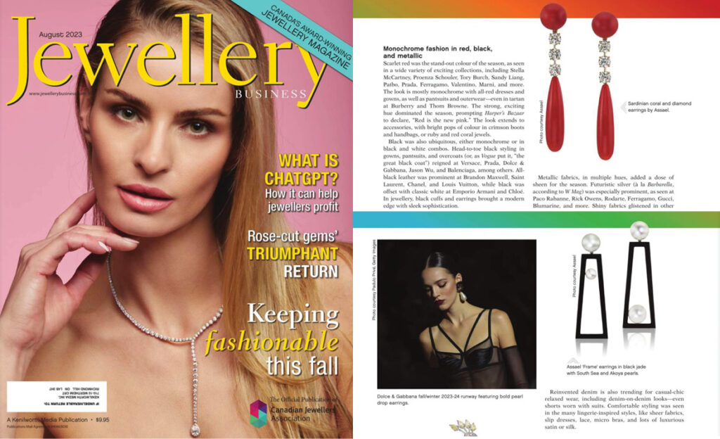 Assael coral and “frame” earrings are featured in the August 2023 issue of Jewellery Business Magazine. Colourful classics with modern edge.