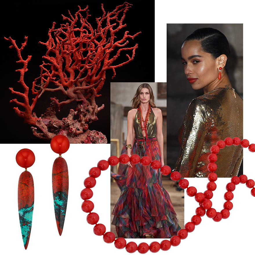 Blog featured image Feature image at top – Clockwise from upper left – Zoë Kravitz in Assael Sardinian Coral earrings at the BAFTAs styled by Andrew Mukamal, Assael Sardinian Coral strand, Ralph Lauren S/S 2024 (Launchmetrics Spotlight), Assael NatureScapes earrings featuring Sardinian Coral and Sonoran Sunrise Jasper, Coral polyp from the depths of Mediterranean Sea