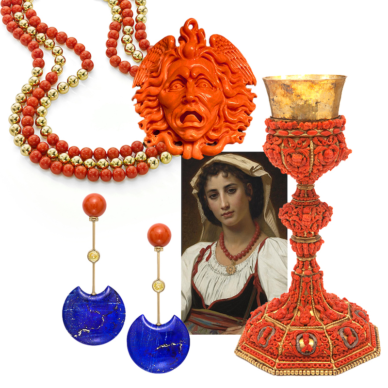 Clockwise from upper left – Assael Sardinian Coral and Gold strands, Carved Coral head of Medusa from The Coral Museum Liverino in Torre del Greco, 18K Gold Chalice with Carved Coral from The Coral Museum Liverino, “The Neapolitan Girl” (1876), by Hugues Merle, Assael Sardinian Coral, Lapis, and Yellow Sapphire earrings