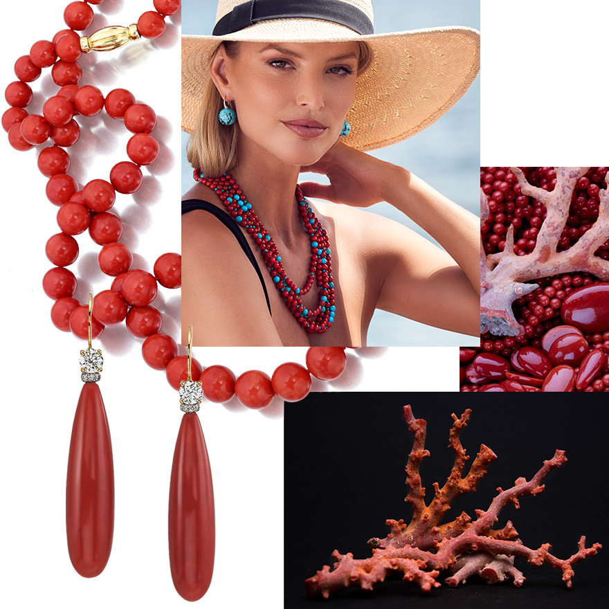 Clockwise from upper left – Assael Sardinian Coral strand 32.5" long, Elegance with Attitude image from David Benoliel photography – model wears a multi-strand Assael Sardinian Coral and Turquoise necklace and Turquoise and Diamond earrings, Sardinian Coral beads, natural Coral Polyp, Assael “Positano” Sardinian Coral and Diamond earrings