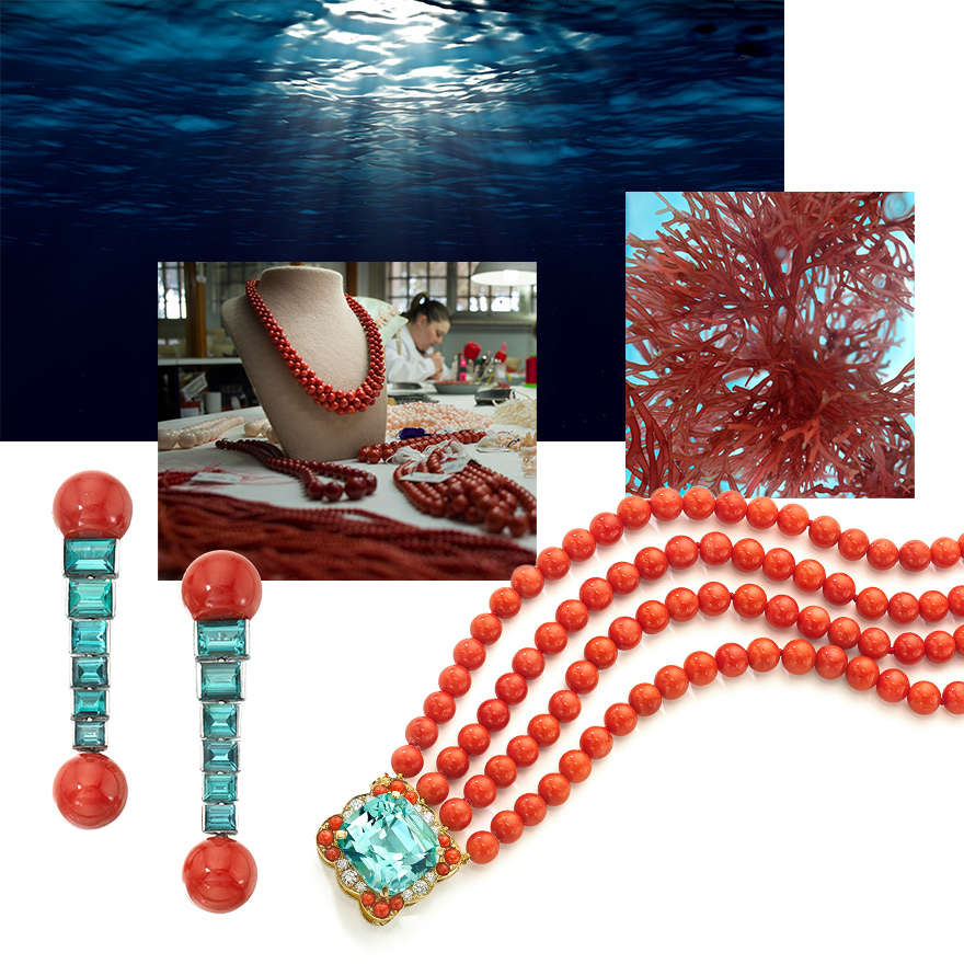 Clockwise from upper left – deep blue waters of the Mediterranean Sea, Coral polyp, Assael convertible bracelet featuring multi-strand Sardinian Coral and a detachable Green Beryl clasp that can also be worn as a pendant, Assael Sardinian Coral and Blue Green Tourmaline earrings, Liverino 1894 atelier and coral workshop