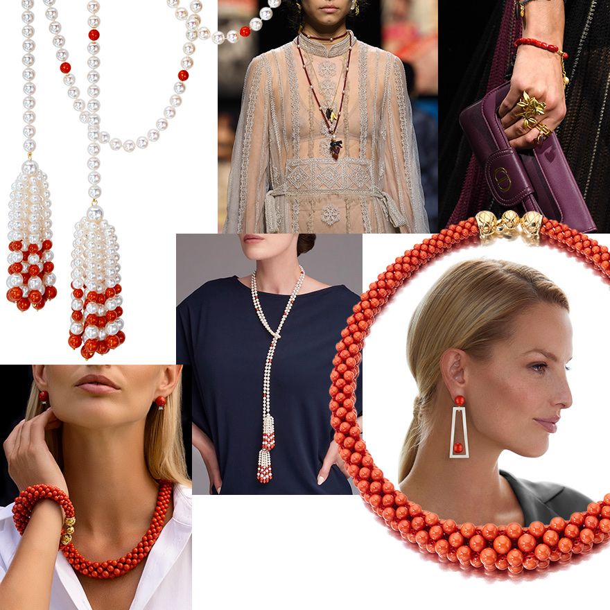 Clockwise from upper left – Assael Akoya Pearl and Sardinian Coral Tassel Lariat necklace, Christian Dior S/S 2021 (Getty), Christian Dior S/S 2021 (Getty), Assael Bayadéra woven Sardinian Coral necklace, model wearing Assael Akoya Pearl and Sardinian Coral Tassel necklace courtesy of Brandon Boswell Diamonds, Elegance with Attitude image from David Benoliel photography – model wears the Assael Bayadéra necklace and bracelet from the Assael Corallia Collection