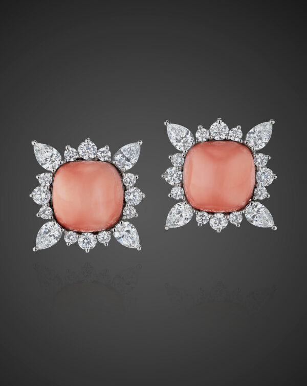 Assael Angel Skin Coral Cabochon and Diamond Earrings