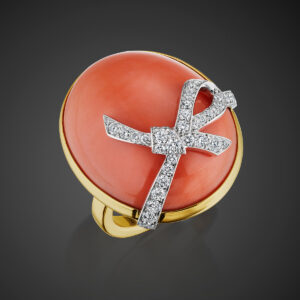 Assael Angel Skin Coral and Diamond Bow Ring