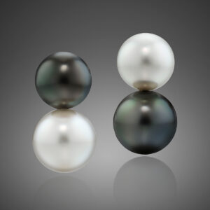 2 South Sea Cultured Pearls, approximately 14.0 X 17.0mm, and 2 Tahitian Natural Color Cultured Pearls, approximately 14.0 X 17.0mm, in 18K White Gold with Clip Backs, Posts Optional. 1 1/2” long.