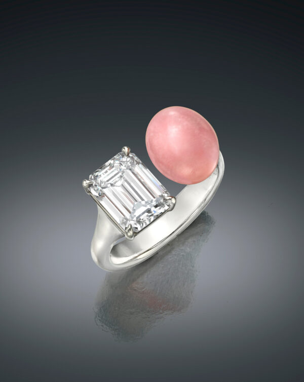 Assael Natural conch pearl and emerald-cut diamond ring