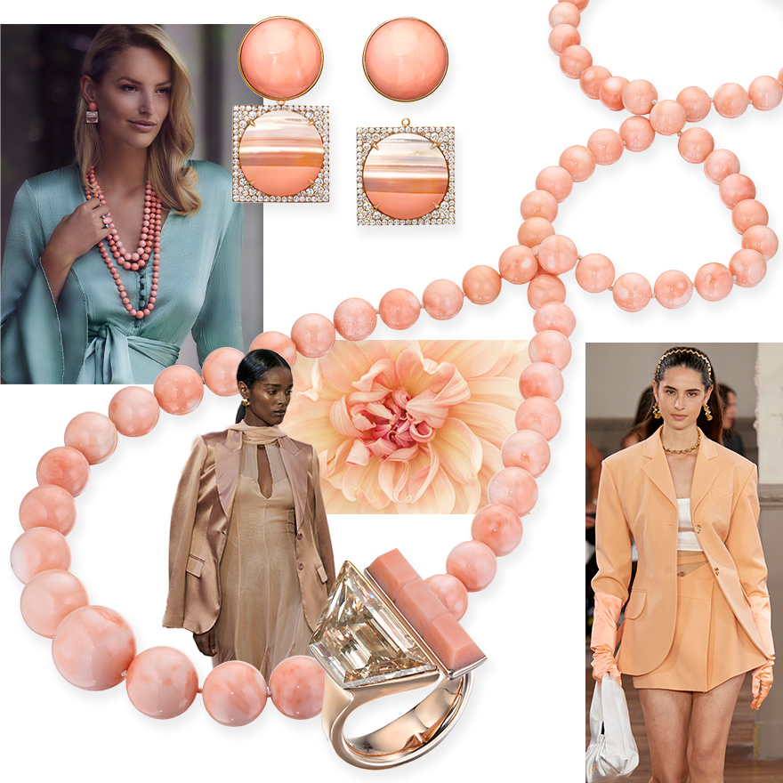 Clockwise from upper Left – Elegance with Attitude campaign image shot by David Benoliel, Assael Angel Skin Coral, Sunset Carnelian, and Diamond earrings, Assael Angel Skin Coral necklace, Patou S/S 2024 (Spotlight Launchmetrics), Assael Angel Skin Coral and Diamond ring, Alberta Ferretti S/S 2024 (Spotlight Launchmetrics)