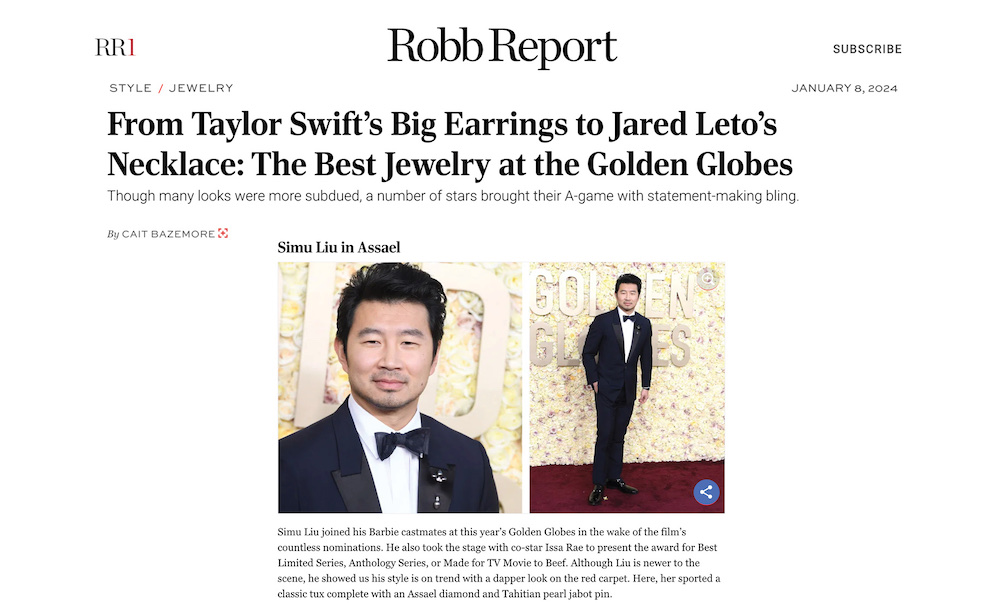 assael featured in Robb Report. From Taylor Swift’s Big Earrings to Jared Leto’s Necklace: The Best Jewelry at the Golden Globes