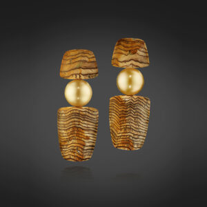 Golden South sea pearl & golden oak petrified wood earrings