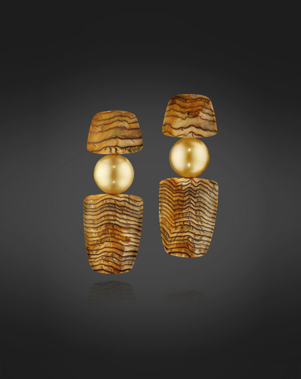 Golden South sea pearl & golden oak petrified wood earrings