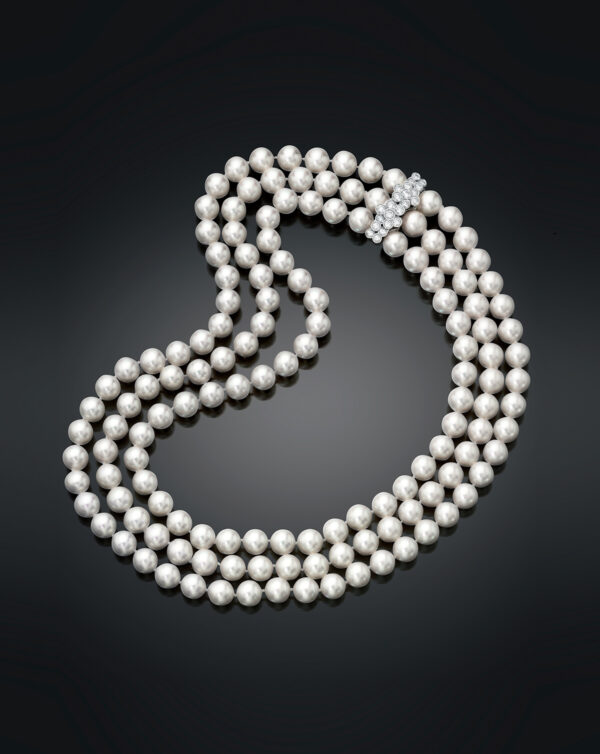 Large 3-row akoya pearl necklace with diamond clasp