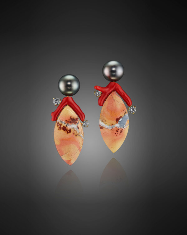 From our NatureScapes Collection, these one-of-a-kind Earrings feature a Pair of Tahitian Natural Color Cultured Pearls, Maligano Jasper, with vibrant Sardinian Coral Branches and 4 Grey-Blue Spinels. In 18K Yellow Gold. Responsibly sourced.