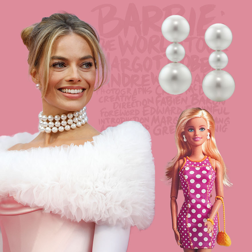 Blog featured image Margot Robbie in Vivienne Westwood and Assael pearls as styled by Andrew Mukamal for the London Barbie film premiere (Getty), Assael Three Pearl earrings, Mattel’s Pink & Fabulous Barbie