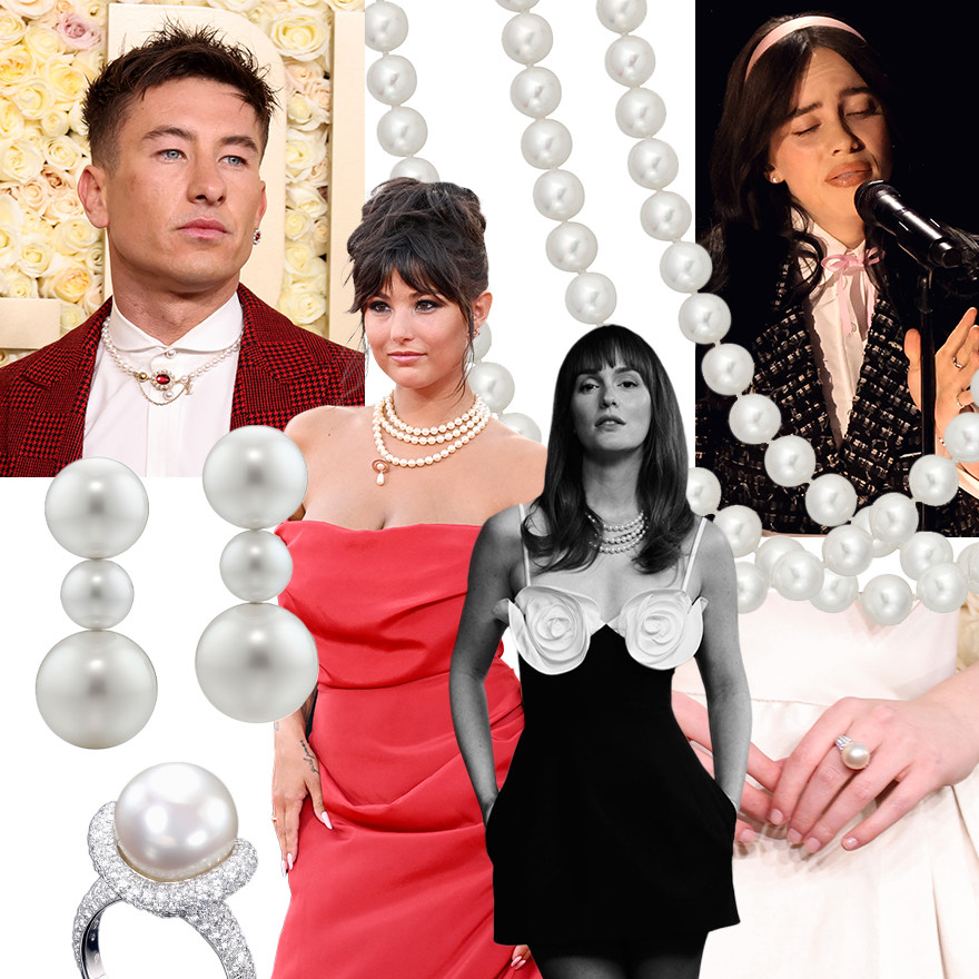 Barry Keoghan at the Golden Globes (Getty images), Assael Akoya pearl strands, Billie Eilish performing at the Academy Awards in Assael Akoya pearl stud earrings (Getty images), Elle Fanning wearing a pearl and diamond ring at the Golden Globes (Getty images), Leighton Meester in Assael three strand Akoya pearl necklace as featured in the spring issue of Numéro Netherlands, Giorgia Soleri at the Venice Film Festival (Getty images), Assael pearl and diamond ring,Assael Barbie earrings featuring three different sizes of South Sea pearls