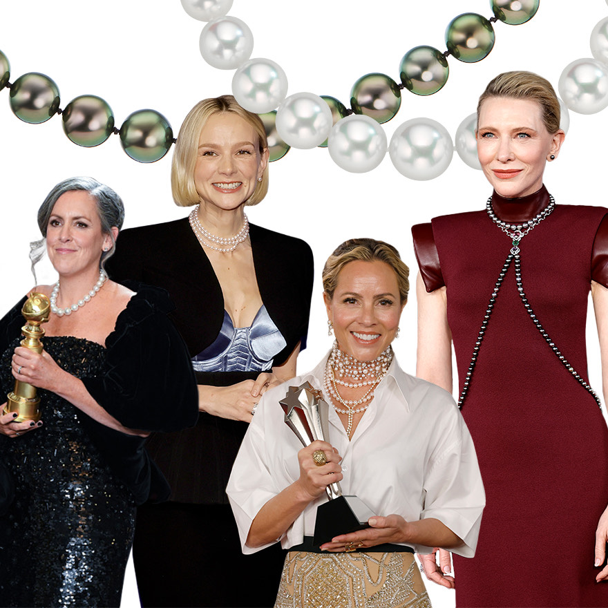 Power pearls on the red carpet – left to right, Emma Thomas Academy Award winning producer of “Oppenheimer,” Carey Mulligan at the BAFTAs as styled by Andrew Mukamal, Maria Bello at the Critic’s Choice Awards, Cate Blanchett at the BAFTAs, at top – Assael Tahitian pearl strand, Assael South Sea pearl strand