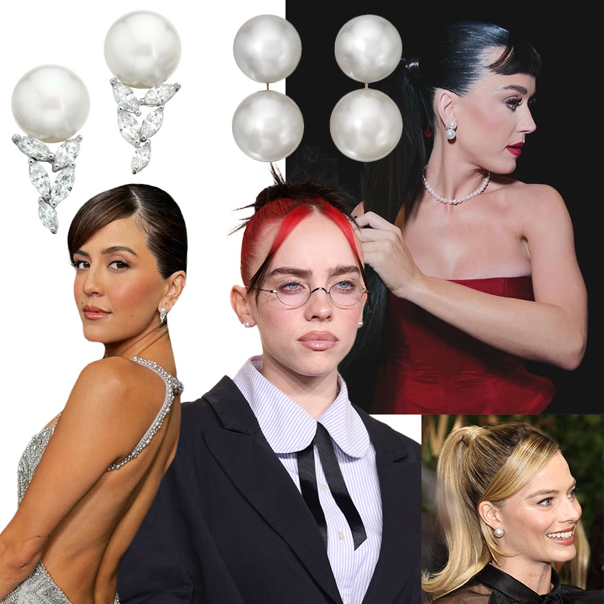 Clockwise from upper left – Assael La Feuille South Sea pearl and diamond earrings, Assael Minimalist South Sea pearl drop earrings, Katy Perry in Assael Akoya pearl strand and Assael Minimalist South Sea pearl drop earrings at the Billboard Women in Music event just before the Oscars,  Margot Robbie in Assael South Sea pearl earrings at the Gotham Awards in New York City, Billie Eilish at the Golden Globes in Assael Akoya pearl stud earrings, Erin Lim Rhodes at the Emmys in Assael La Feuille South Sea pearl and diamond earrings