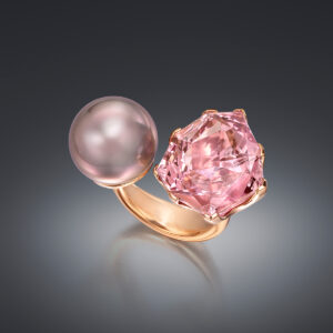 Fantasy-Cut Morganite of nearly 20 carats lures the natural pink color from a magnificent Tahitian Cultured Pearl