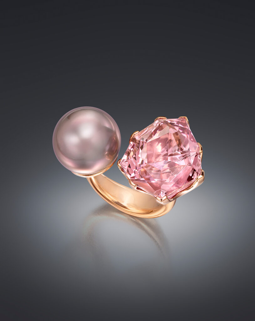 Fantasy-Cut Morganite of nearly 20 carats lures the natural pink color from a magnificent Tahitian Cultured Pearl