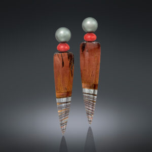 Tahitian pearl, Sardinian coral & tiger iron earrings