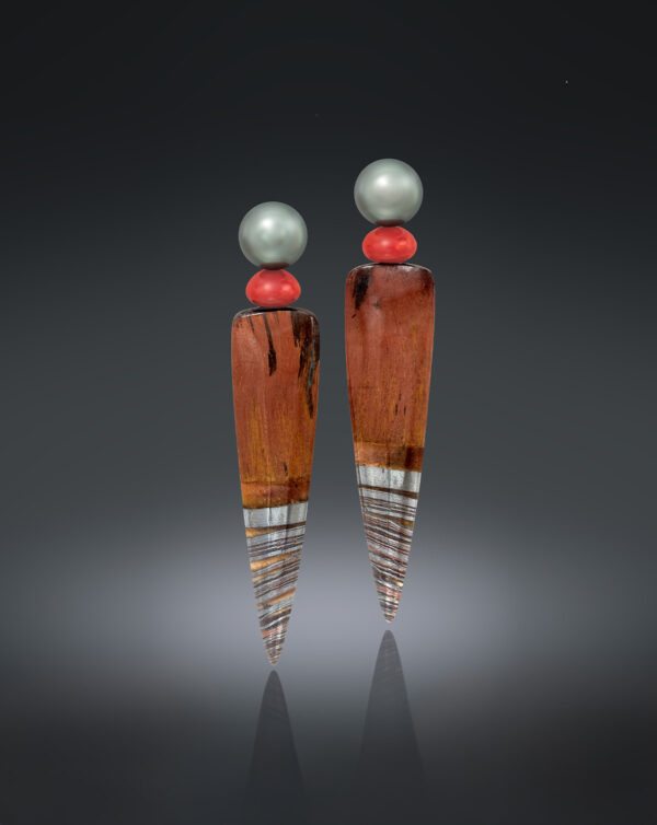 Tahitian pearl, Sardinian coral & tiger iron earrings