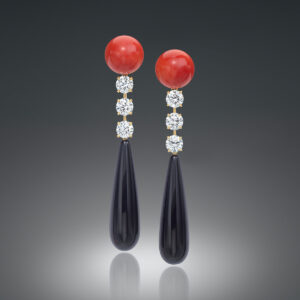 Sardinian Coral, black onyx, and diamond earrings