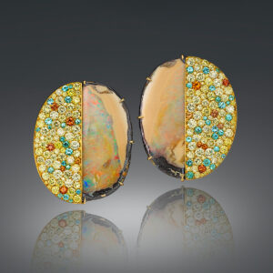 Yowah nut opal, fancy yellow diamond, orange sapphire, and paraiba tourmaline earrings