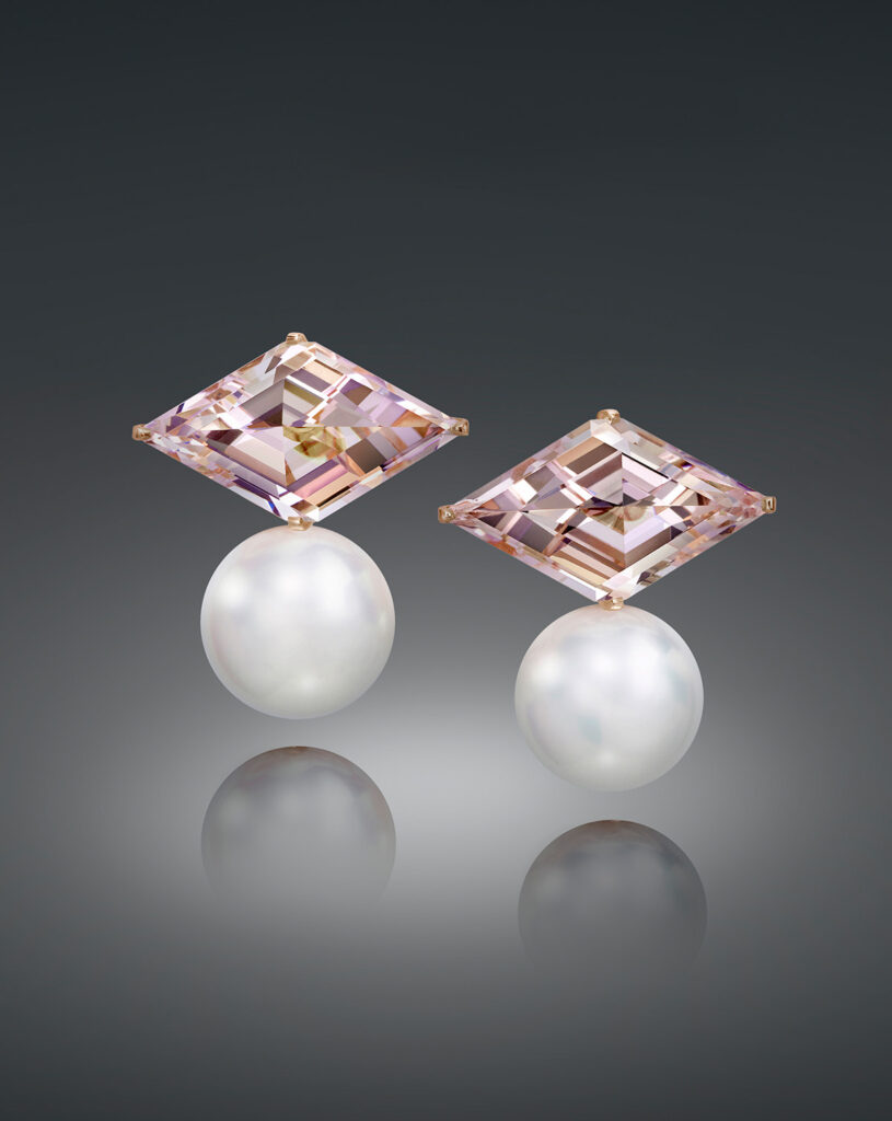 Two Fancy-Cut Morganites bring out the delicate Pink undertones of our 14.0mm South Sea Cultured Pearls.