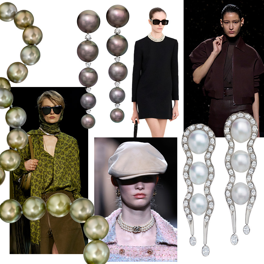 Hermès F/W 2024, Assael Undulating Pearl and Diamond earrings (need to hyperlink), Chanel F/W 2024, Burberry F/W 2024, Assael Fiji Pearl necklace, Assael Tahitian Diamond Connected earrings