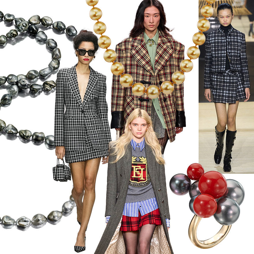 Clockwise from upper left – Assael Baroque Tahitian Pearl rope necklace, Carolina Herrera F/W 2024, Assael Golden South Sea Pearl strand, Rabanne F/W 2024, Dior F/W 2024, Sean Gilson for Assael Bubble pearl ring, Elisabetta Franchi F/W 2024, all fashion images – Spotlight Launchmetrics