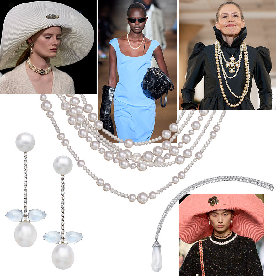 Chanel F/W 2024, Miu Miu F/W 2024, Batsheeva F/W 2024, Assael Akoya Pearl 5 row necklace, Assael Natural Pearl and Diamond brooch (need to hyperlink), Chanel F/W 2024, Assael South Sea Pearl, Diamond, and Moonstone earrings