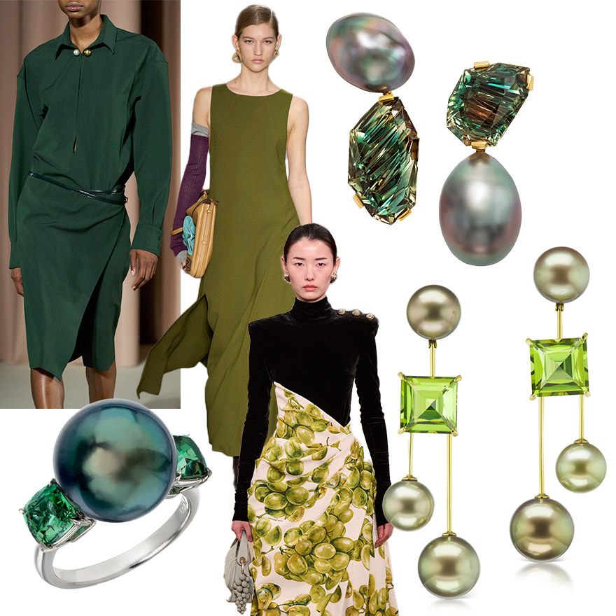 Philosophy di Lorenzo Serafini F/W 2024, Fendi F/W 2024, Assael In Reverse Sunstone and Tahitian Pearl earrings, Assael Modernist Fijian Pearl and Peridot earrings, Balmain F/W 2024, Assael Tahitian Pearl and Blue Green Tourmaline ring